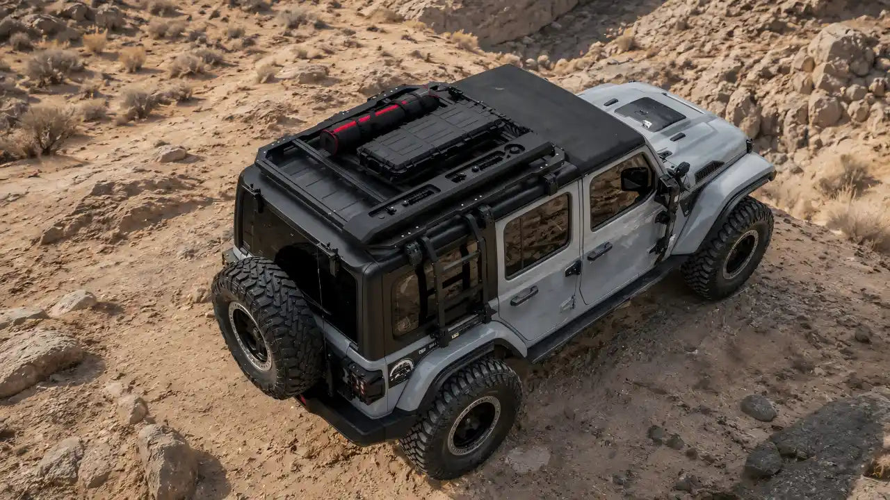 Jeep Overland Storage Setup: Roof Rack, Window Panel, and Jerrycan