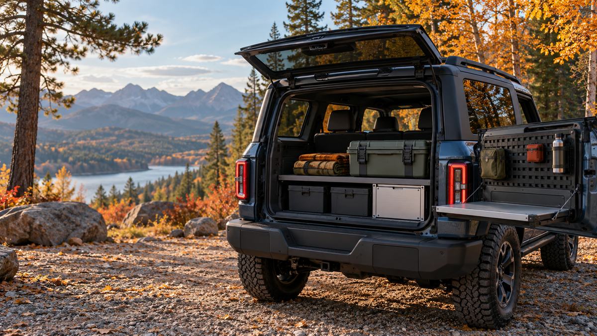 Ford Bronco cargo organization with side-window storage and tailgate table