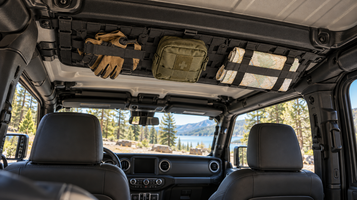 Overhead MOLLE storage panel inside a Jeep Wrangler JL or Gladiator JT