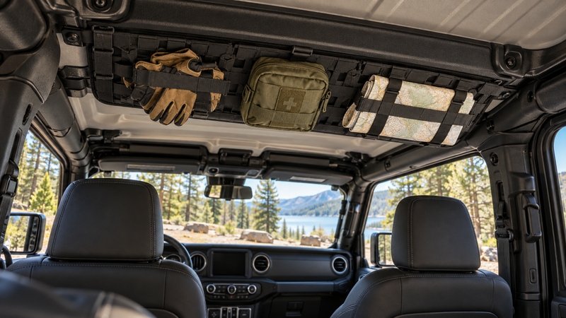 Overhead MOLLE storage panel inside a Jeep Wrangler JL or Gladiator JT