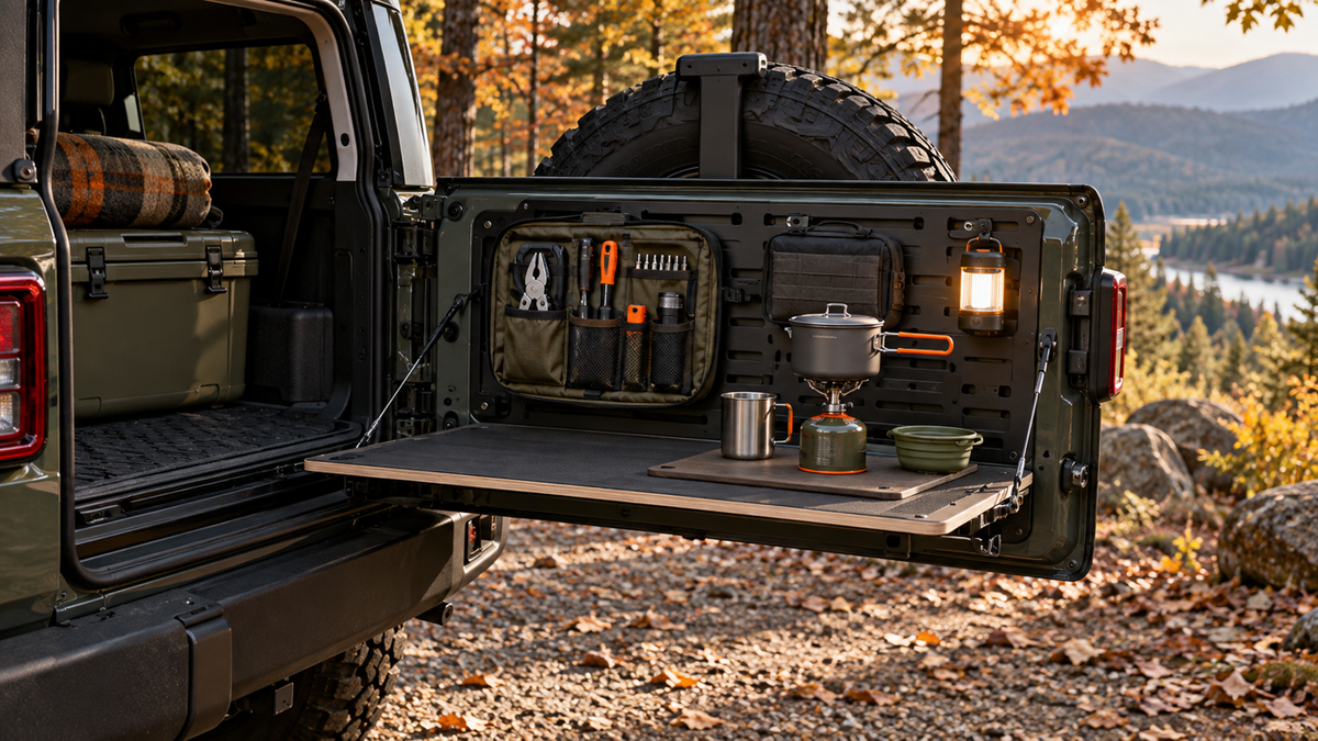 Jeep Wrangler JL tailgate workstation with storage and work surface