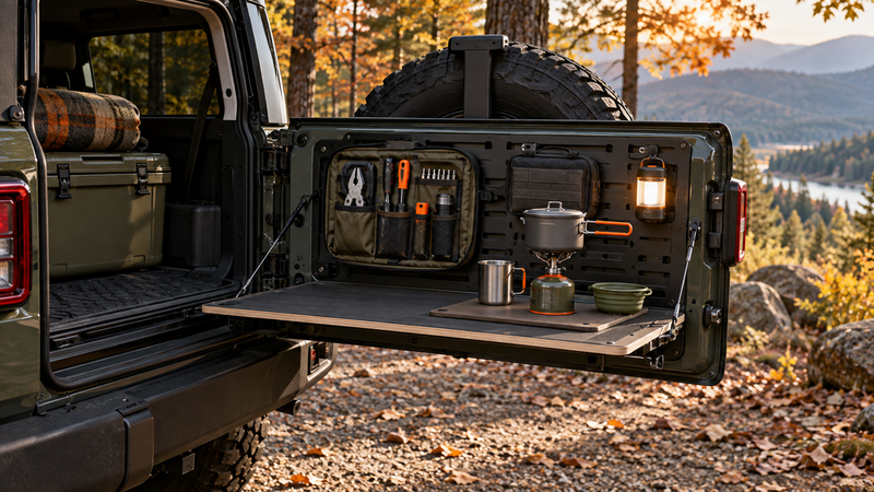 Jeep Wrangler JL tailgate workstation with storage and work surface