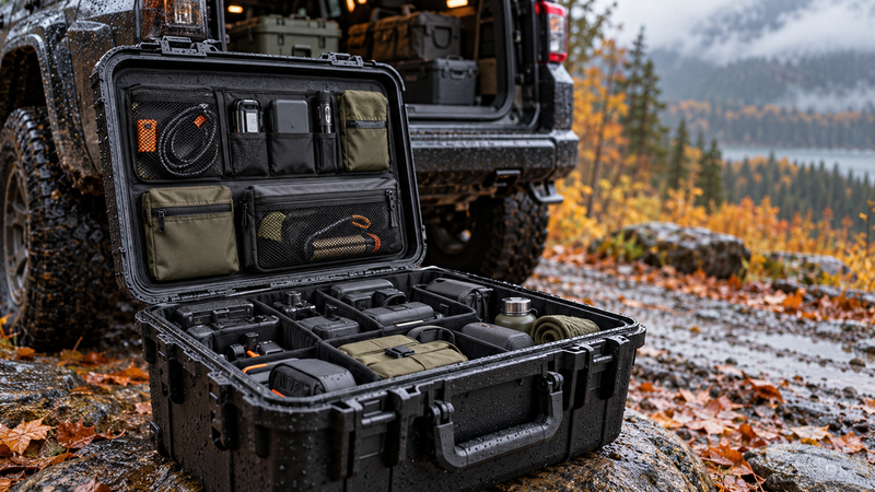 Waterproof hard case organizing off-road tools and electronics