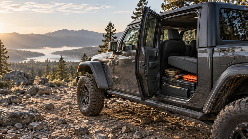 Jeep Gladiator JT with organized recovery gear stored under the rear seat on a rocky trail