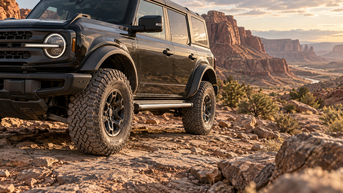 Ford Bronco with an aluminum side step on a rocky desert trail
