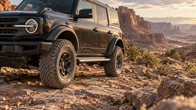 Ford Bronco with an aluminum side step on a rocky desert trail