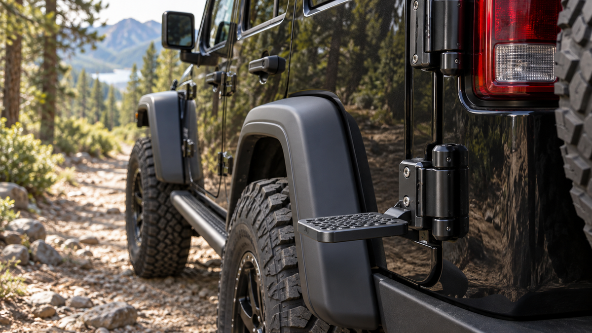 OMU Genesis folding door hinge step installed on a Jeep Wrangler JL rear door hinge