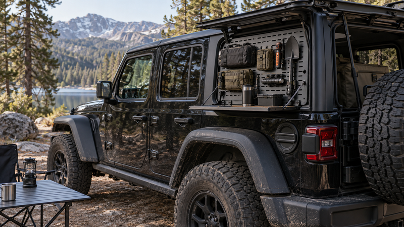 Jeep Wrangler JL with a side-window MOLLE storage panel and fold-down work surface at a campsite