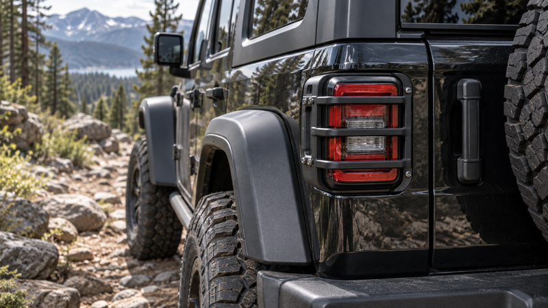 OMU Genesis aluminum taillight guard installed on a Jeep Wrangler JL rear quarter