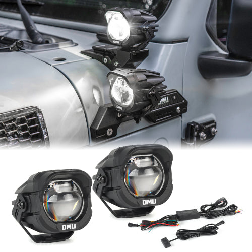 OMU Genesis 3 inch A-pillar spotlight with wire harness for Jeep overland lighting setup
