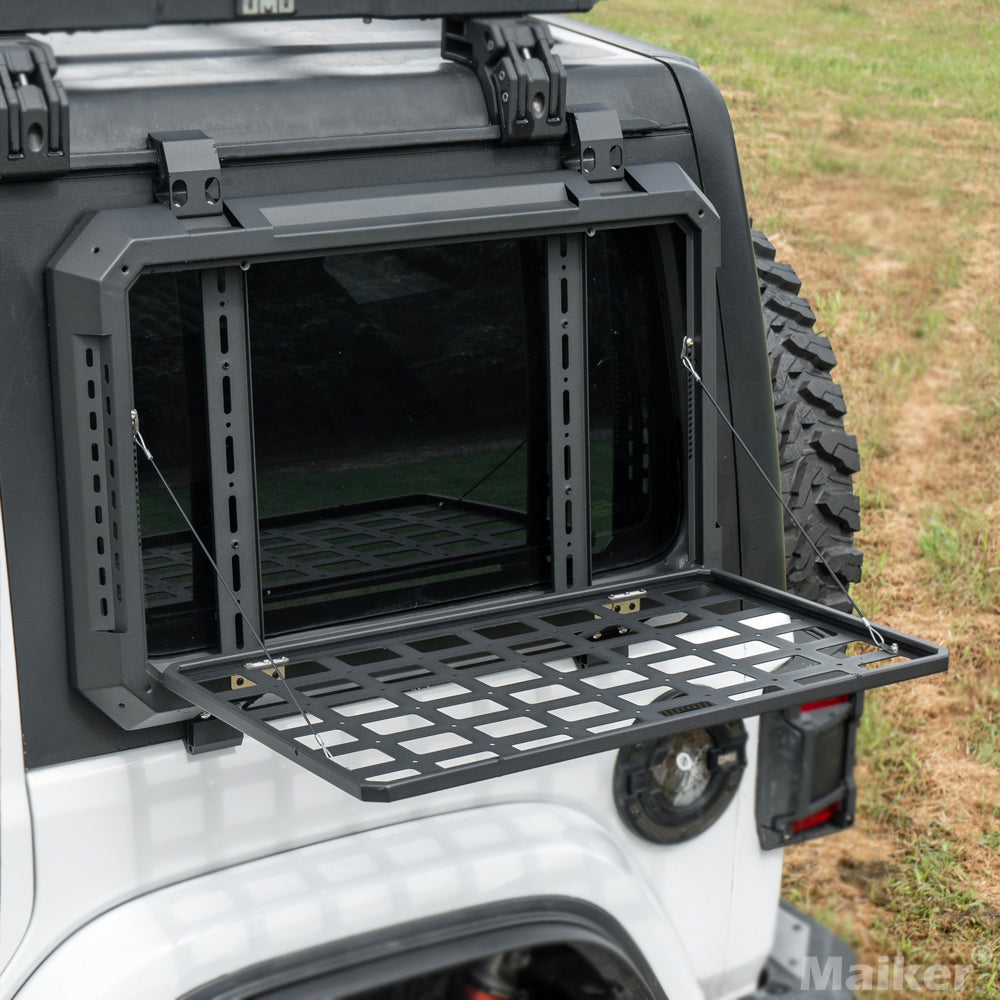 Maiker rear window storage openable panel for Jeep Wrangler JL exterior trail gear organization
